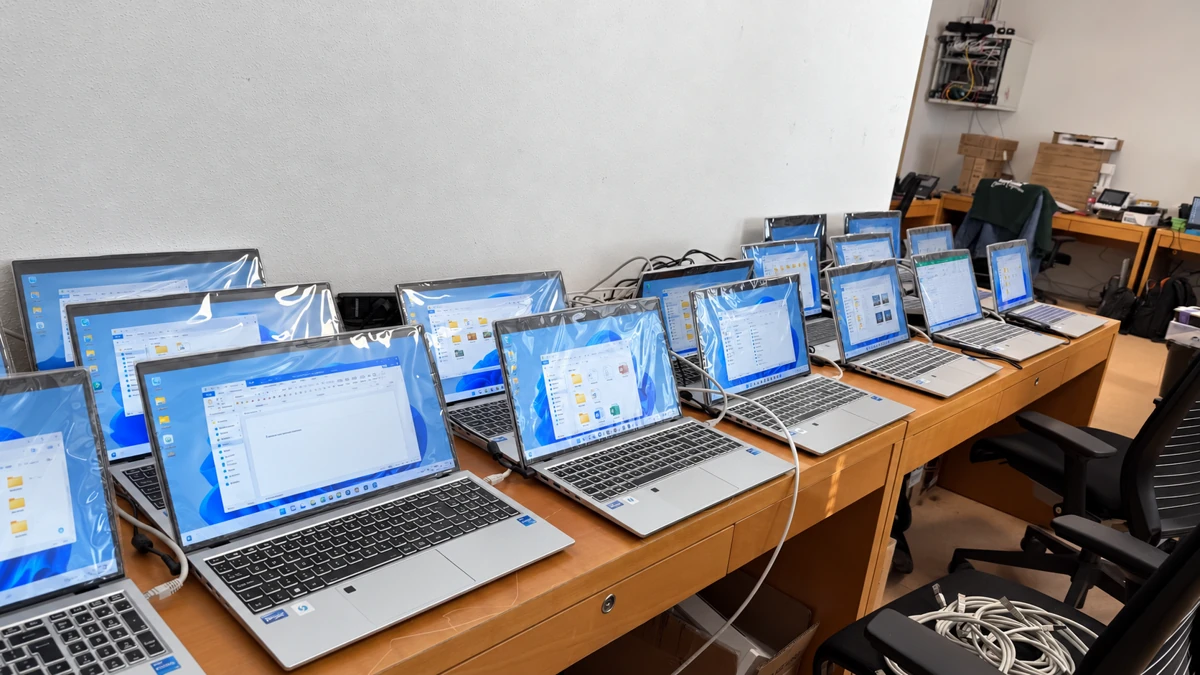 Une longue rangée d’ordinateurs portables et leurs emballages sur les bureaux.
